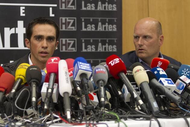 Alberto Contador and Bjarne Riis press conference after had been given a two-year ban over a failed dope test during the 2010 race...  (20151213)