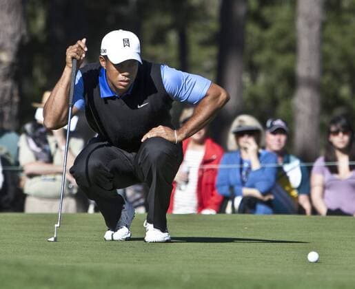 Tiger Woods tees off on the 10th hole at Spyglass Hill Golf Course in the opening day of the AT&T Pro-Am at Pebble Beach, California on February 9, 2012.  SXP2012020903