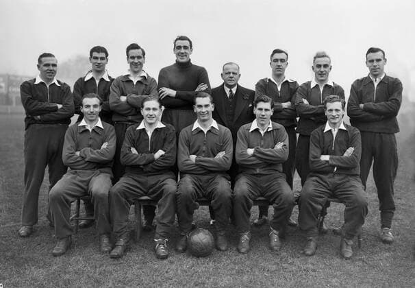 England Team, 10 11 1948. (back row L to R) Laurie Scott, Leuty, Neil Franklin, Frank Swift, Unknown, John Aston Snr; Billy Wright, Unknown. (front row L to R) Stanley Matthews, Stan Mortensen, Jackie Milburn, Len Shackleton, Tom Finney. 