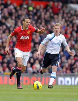 Rio Ferdinand of Manchester United.Barclays Premier League.Manchester United v Liverpool FC at Old Trafford, Manchester on the 11th February 2012 - - EDITORIAL USE ONLY. No use with unauthorised audio, video, data, fixture lists, club league logos or live services. Online in-match use limited to 120 images, no video emulation. No use in betting, games or single club league player publications.