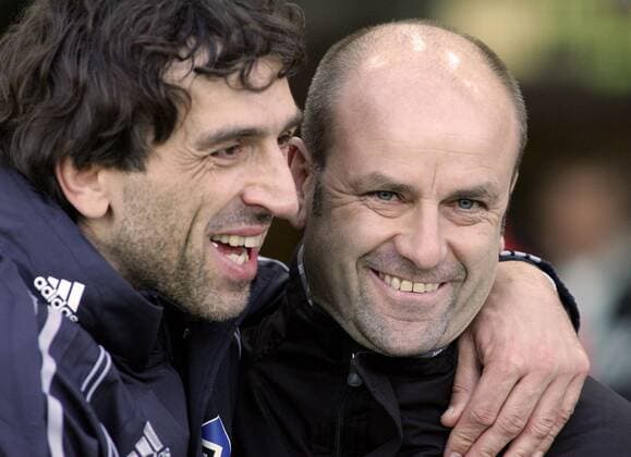 Fussball, Herren, 1. Bundesliga, Karlsruher SC (KSC): vl. Klaus Reitmaier (TW-Trainer HSV), Edmund Becker (Trainer KSC) {