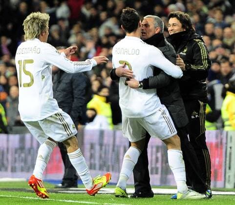 Real CF Madrid - Levante UD, Fabio Coentrao, Cristiano Ronaldo, Jose Mourinho and Rui Faria celebrating Cristiano Ronaldo second goal 