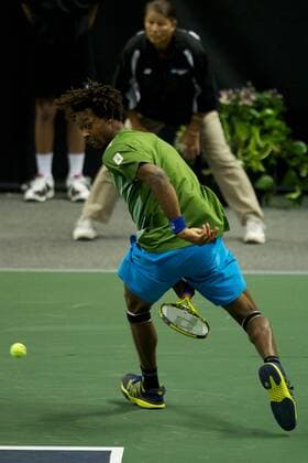 Feb. 13, 2012 - San Jose, California, U.S - Gael Monfils (FRA) competes during a doubles exhibition at the SAP Open at HP Pavilion in San Jose, CA. ATP Tennis Herren TENNIS 2012 - Feb 13 - SAP Open - ZUMAq48
