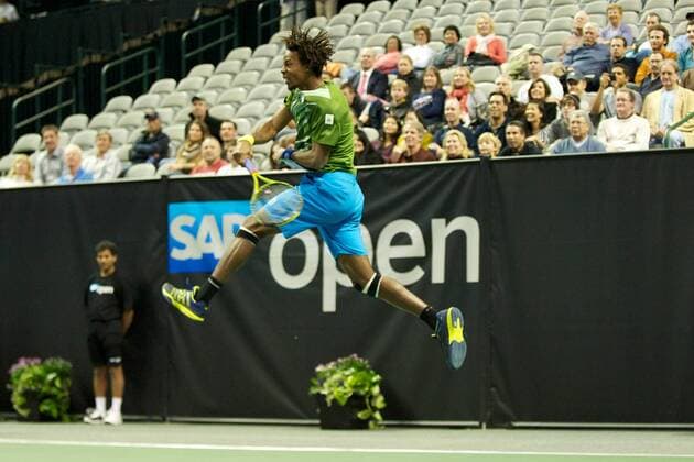 Feb. 13, 2012 - San Jose, California, U.S - Gael Monfils (FRA) competes during a doubles exhibition at the SAP Open at HP Pavilion in San Jose, CA. ATP Tennis Herren TENNIS 2012 - Feb 13 - SAP Open - ZUMAq48