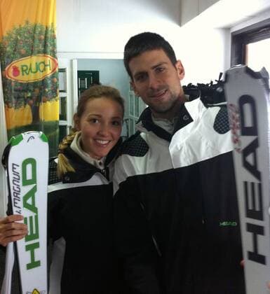 11.02.2012 Kopaonik(Serbia) Novak Djokovic(r) with girlfriend Jelena Ristic(L) after 6 years at winter holiday at the mountain Kopaonik.On these mountain Novak Djokovic start to play tennis - 
