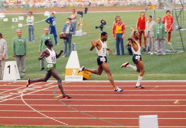 Munich Olympics 1972 Mens 400m final Vincent Matthews - USA wins ahead of Wayne Collett - USA and Julius Sang - Kenya 