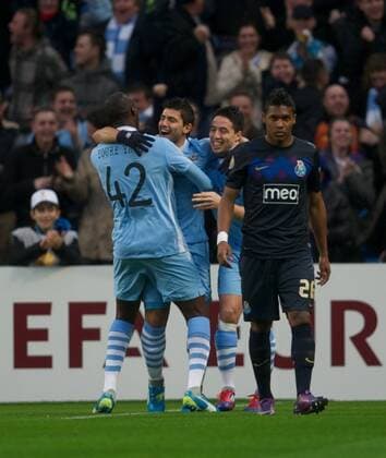 Manchester City s Sergio Kun Aguero celebrates scoring the first goal against FC Porto during the UEFA Europa League Round of 32 2nd Leg match at City of Manchester Stadium. xHOCHxZWEIx xPropagandax