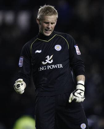 Football -The Championship- Derby County vs. Leicester City- Leicester keeper Kasper Schmeichel celebrates at Pride Park 