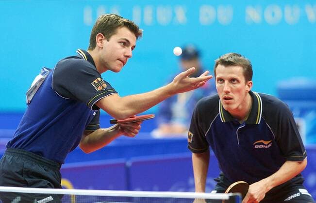 Olympische Spiele Sommerspiele Sydney 2000 Tischtennis Herren Doppel von links : Timo Boll Jörg Roßkopf ( Deutschland )