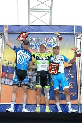Podium - v.l.n.r. - (2.) Jacobe KEOUGH ( li. USA United Healthcare ) - (1.) Andrea GUARDINI ( mi. ITA Farnese Vini - Selle Italia ) - (3.) Christian DELLE STELLE ( re. ITA Colnago - CSF Inox ) - Podium - Freude - Siegerehrung - hoch - Event: 2.Stage - Putrajaya to Melaka 151.0 km - Tour of Langkawi - Tour de Langkawi - Le Tour de Langkawi 2012 - Location: Melaka - Malaysia - Asien - Asia - Datum: 25.02.2012 - Contact