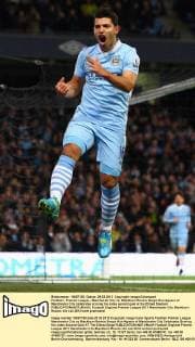 Football - Premier League - Manchester City vs. Blackburn Rovers Sergio Kun Aguero of Manchester City celebrates scoring his sides second goal at the Etihad Stadium 