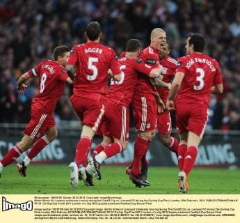 Martin Skrtel of Liverpool celebrates scoring during the Cardiff City vs Liverpool FC during the Carling Cup Final, London..26th February, 2012. EDITORIAL USE ONLY. No use with unauthorised audio, video, data, fixture lists, club league logos or live services. Online in-match use limited to 120 images, no video emulation. No use in betting, games or single club league player publications. PC 01