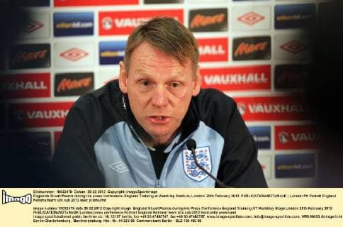 Englands Stuart Pearce during his press conference..England Training at Wembley Stadium, London. 28th February 2012. EDITORIAL USE ONLY. No use with unauthorised audio, video, data, fixture lists, club league logos or live services. Online in-match use limited to 120 images, no video emulation. No use in betting, games or single club league player publications.