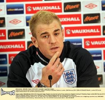 Englands Joe Hart during his press conference..England Training at Wembley Stadium, London. 28th February 2012. EDITORIAL USE ONLY. No use with unauthorised audio, video, data, fixture lists, club league logos or live services. Online in-match use limited to 120 images, no video emulation. No use in betting, games or single club league player publications.