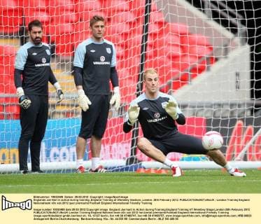 Englands Joe Hart in action during training..England Training at Wembley Stadium, London. 28th February 2012. EDITORIAL USE ONLY. No use with unauthorised audio, video, data, fixture lists, club league logos or live services. Online in-match use limited to 120 images, no video emulation. No use in betting, games or single club league player publications.