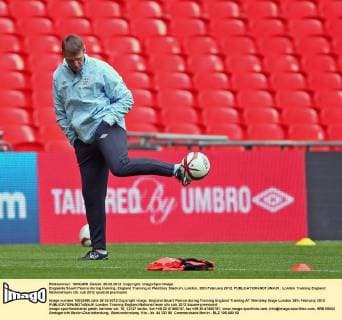 Englands Stuart Pearce during training..England Training at Wembley Stadium, London. 28th February 2012. EDITORIAL USE ONLY. No use with unauthorised audio, video, data, fixture lists, club league logos or live services. Online in-match use limited to 120 images, no video emulation. No use in betting, games or single club league player publications.