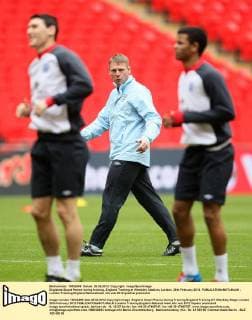 Englands Stuart Pearce during training..England Training at Wembley Stadium, London. 28th February 2012. EDITORIAL USE ONLY. No use with unauthorised audio, video, data, fixture lists, club league logos or live services. Online in-match use limited to 120 images, no video emulation. No use in betting, games or single club league player publications.