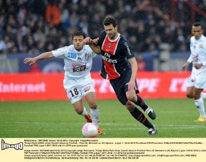 Thiago Motta (PSG) Johan Cavalli (Ajaccio) Football : Paris St.-Germain vs. AC Ajaccio - Ligue 1 - 04.03.2012 N.LeGouic FEP Panoramic 