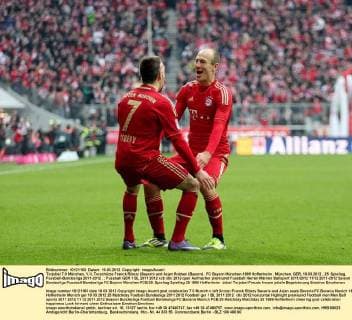 Torjubel 7:0 München, V.li. Torschütze Franck Ribery (Bayern) und Arjen Robben (Bayern) . FC Bayern München-1899 Hoffenheim . München, GER, 10.03.2012 , 25. Spieltag, Fussball-Bundesliga 2011-2012 .