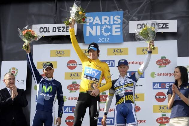 Podium : L-R: Alejandro Valverde (ESP) - Movistar team - winner Bradley Wiggins (GBR) - Sky Procycling - Lieuwe Westra (NED) - Vacansoleil DCM CYCLISME : Paris - Nice - 8 eme Etape - Nice - 11 03 2012 PhotoNews Panoramic 
