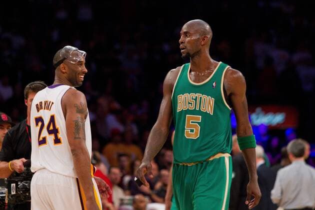 11 March 2012: Guard Kobe Bryant of the Los Angeles Lakers smiles while talking to Kevin Garnett of the Boston Celtics late during the second half of the Lakers 97-94 victory over the Celtics at the STAPLES Center in Los Angeles, CA. NBA Basketball Herren USA MAR 11 Celtics at Lakers Icon20120623 EDITORIAL USE ONLY