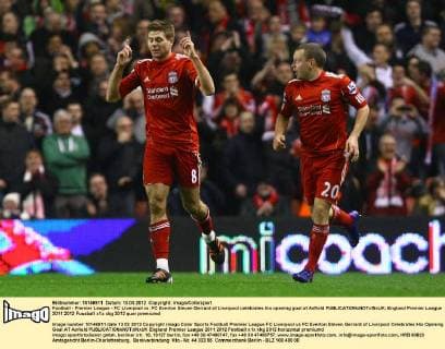 Football - Premier League - FC Liverpool vs. FC Everton Steven Gerrard of Liverpool celebrates his opening goal at Anfield 