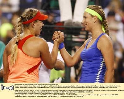 Victoria Azarenka of Belarus shake hands during her 6-4, 6-3 semi-final win over Angelique Kerber of Germany at the Indian Wells Tennis Garden in Indian Wells, California. TENNIS: MAR 16 BNP Paribas Open - Womens Semifinal - Icon479000492 EDITORIAL USE ONLY