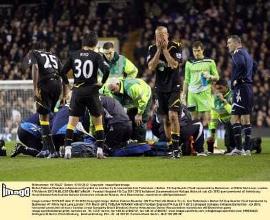 Bolton Fabrice Muamba collapses on the pitch as medics try to resuscitate him Tottenham v Bolton, FA Cup Quarter Final sponsored by Budweiser, at White Hart Lane, London. 17th March 2012 EDITORIAL USE ONLY. No use with unauthorised audio, video, data, fixture lists, club league logos or live services. Online in-match use limited to 120 images, no video emulation. No use in betting, games or single club league player publications.