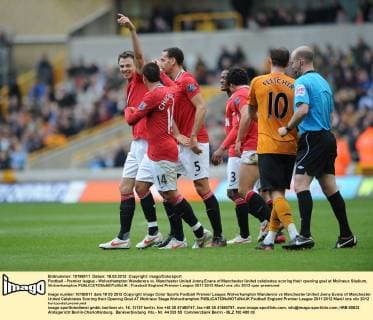 Football - Premier league - Wolverhampton Wanderers vs. Manchester United Jonny Evans of Manchester United celebrates scoring their opening goal at Molineux Stadium, Wolverhampton 