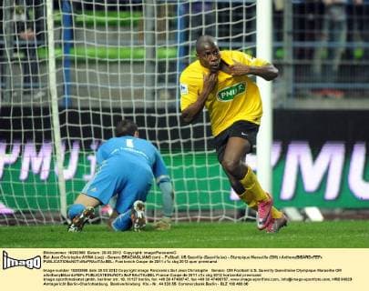 But Jean Christophe AYINA (usq) - Genaro BRACIAGLIANO (om) -, Fußball, US Quevilly (Quevillaise) - Olympique Marseille (OM) xAnthonyBIBARDxFEPx 