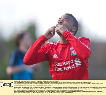 Liverpool s Raheem Sterling celebrates scoring the first goal against Arsenal during the FA Premier Reserve League match at the Kirkby Academy. xHOCHxZWEIx xPropagandax