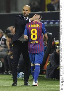 Milan 28 03 2012 - Champions League AC Milan - FC Barcelona: Andres Iniesta-Josep Pep Guardiola 