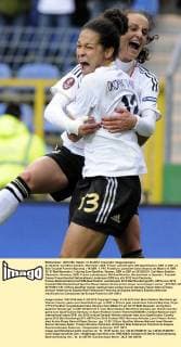 31.03.2012, Carl-Benz-Stadion, Mannheim, GER, Frauen Laenderspiel, EM-Qualifikation, GER vs ESP, im Bild Torjubel Fatmire Bajramaj ( 19 GER, 1. FFC Frankfurt ) gratuliert Celia Okoyino da Mbabi( 13 GER, SC 07 Bad Neuenahr ) during Euro-Qualifier, Women, GER vs ESP on 2012 03 31, Carl-Benz-Stadion, Mannheim, Germany. GER, Frauen Laenderspiel, EM-Qualifikation, Deutschland vs Spanien