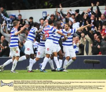 QPRs Samba Diakite celebrates scoring his sides second goal..QPR (Queens Park Rangers) v FC Arsenal, Barclays Premier League, at Loftus Road, London. 31st March 2012. EDITORIAL USE ONLY. No use with unauthorised audio, video, data, fixture lists, club league logos or live services. Online in-match use limited to 120 images, no video emulation. No use in betting, games or single club league player publications.