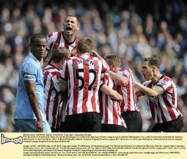 Phil Bardsley of Sunderland leads the sunderland players in celebration Barclays Premier League match between Manchester City v AFC Sunderland at the Etihad Stadium, Manchester on the 31st March 2012 EDITORIAL USE ONLY. No use with unauthorised audio, video, data, fixture lists, club league logos or live services. Online in-match use limited to 120 images, no video emulation. No use in betting, games or single club league player publications.