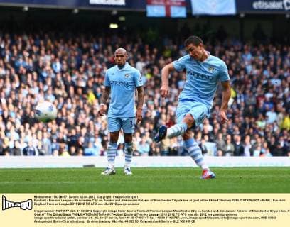 Football - Premier League - Manchester City vs. Sunderland Aleksander Kolarov of Manchester City strikes at goal at the Etihad Stadium 
