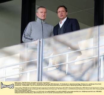 01-04-2012, Fussball, Saison 2011-2012, 1. Bundesliga, 28. Spieltag, 1899 Hoffenheim - FC Schalke 04 1-1, Spielerberater Roger Wittmann (li.) und Manager Horst Heldt (Schalke 04)