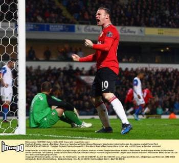 Football - Premier League - Blackburn Rovers vs. Manchester United Wayne Rooney of Manchester United celebrates the opening goal at Ewood Park 