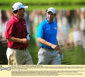 April 4, 2012 - Augusta, GA, USA - Golfers Johnson Wagner, left, and Padraig Harrington talk as they walk to the 16th green during a practice round for The Masters at Augusta National Golf Club in Augusta, Georgia, Wednesday, April 4, 2012. Practice for The Masters - ZUMAm67