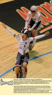 April 4, 2012 - Melbourne, Victoria, Australia - MIRIAM WELTE of Germany celebrates winning the Team Sprint event on day 1 of the 2012 UCI Track Cycling World Championships at Hisense Arena in Melbourne, Australia. Cycling 2012 - UCI Track Cycling World Championships - Day 1 - ZUMAx35