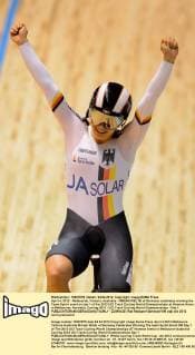 April 4, 2012 - Melbourne, Victoria, Australia - MIRIAM WELTE of Germany celebrates winning the Team Sprint event on day 1 of the 2012 UCI Track Cycling World Championships at Hisense Arena in Melbourne, Australia. Cycling 2012 - UCI Track Cycling World Championships - Day 1 - ZUMAx35