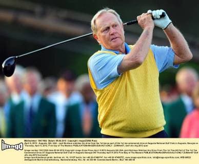 April 5, 2012 - Augusta, GA, USA - Jack Nicklaus watches his drive from the 1st tee as part of the 1st tee ceremonial drive at Augusta National Golf Club in Augusta, Georgia on Thursday, April 5, 2012. First day of The Masters - ZUMAm67