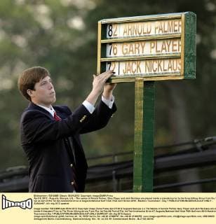 April 5, 2012 - Augusta, Georgia, U.S. - The names of Arnold Palmer, Gary Player and Jack Nicklaus are placed inside a standard prior to the three hitting drives from the 1st tee as part of the 1st tee ceremonial drive at Augusta National Golf Club. PGA Golf Herren 2012 - Masters Tournament - Day 1 - ZUMAm67