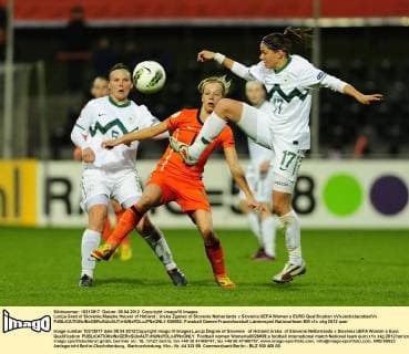 Lucija Grad of Slovenie,Maayke Heuver of Holland ; Urska Zganec of Slovenie Netherlands v Slovenia UEFA Women s EURO Qualification xVIxJackxJacobsxIVx 636652