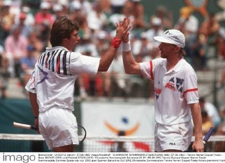 OLYMPISCHE SOMMERSPIELE BARCELONA 1992, 07.08.1992 - Tennis Herren Doppel Finale - Boris BECKER (GER) und Michael STICH (GER). Olympische Sommerspiele Barcelona 25.07.-09.08.1992