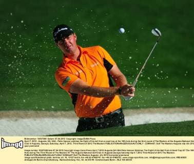 April 7, 2012 - Augusta, GA, USA - Peter Hanson watches the flight of his ball from a sand trap at the 16th hole during the third round of The Masters at the Augusta National Golf Club in Augusta, Georgia, Saturday, April 7, 2012. Third Round of 2012 The Masters - ZUMAm67