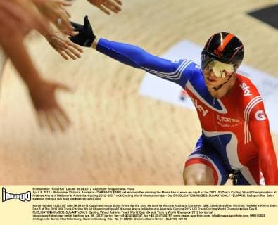 April 8, 2012 - Melbourne, Victoria, Australia - CHRIS HOY (GBR) celebrates after winning the Men s Keirin event on day 5 of the 2012 UCI Track Cycling World Championships at Hisense Arena in Melbourne, Australia. Cycling 2012 - UCI Track Cycling World Championships - Day 5  - ZUMAl30