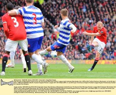 Paul Scholes of Manchester United scores the second goal Barclays Premier League match between Manchester Utd v QPR at Old Trafford Stadium, Manchester on the 8th April 2012 - EDITORIAL USE ONLY. No use with unauthorised audio, video, data, fixture lists, club league logos or live services. Online in-match use limited to 120 images, no video emulation. No use in betting, games or single club league player publications.