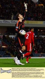 Football - Premier League - Blackburn Rovers vs. Liverpool Brad Jones of Liverpool celebrates saving Blackburn s penalty at Ewood Park 