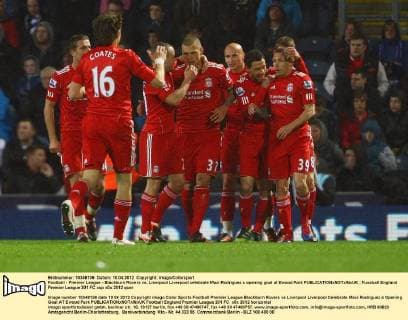 Football - Premier League - Blackburn Rovers vs. Liverpool Liverpool celebrate Maxi Rodriguez s opening goal at Ewood Park 